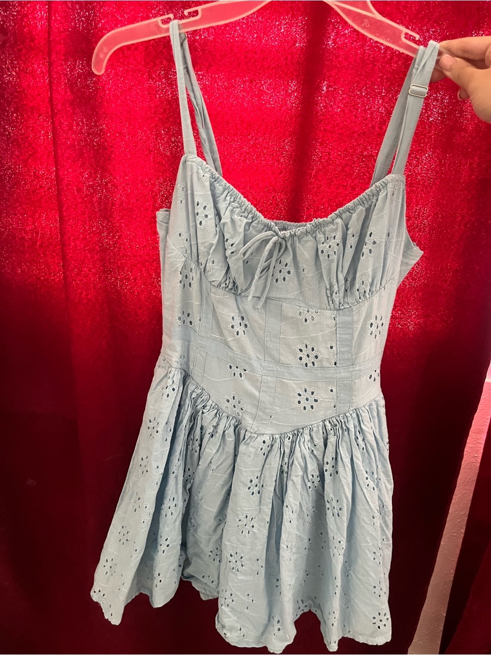Boutique 9 Light Blue Eyelet Mini Dress with Adjustable Straps